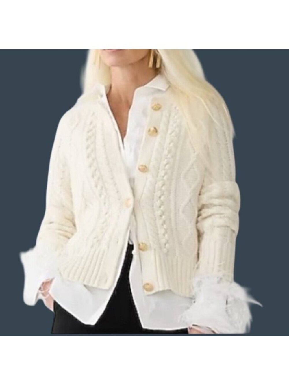 J.Crew Womens Cable Knit Cardigan Sweater Ivory Button-Up Medium preppy basic